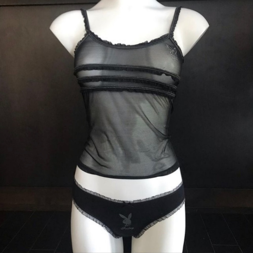 Playboy black stretchy mesh lingerie cami top with  crystal bunny